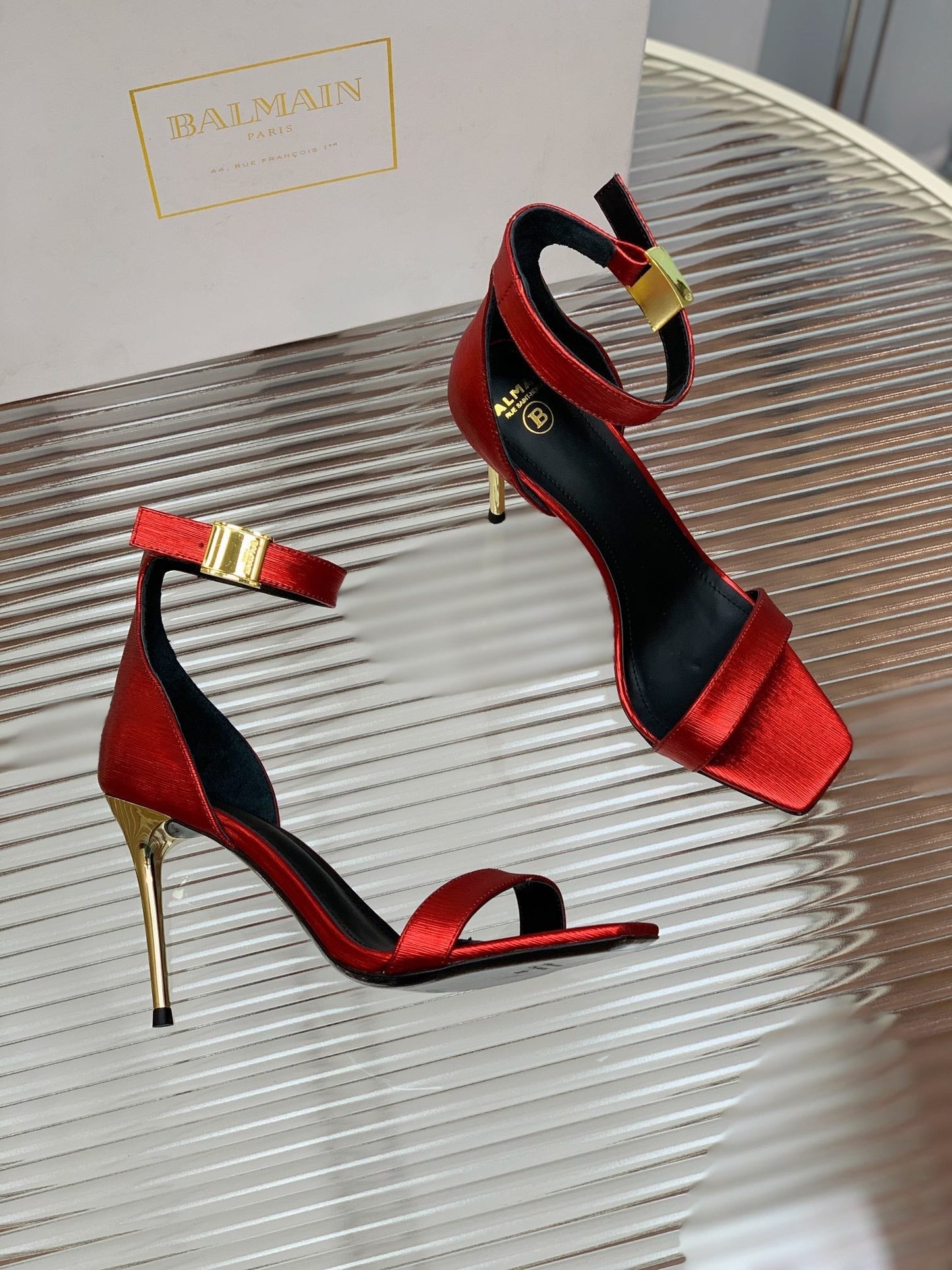BALMAIN 25S METAL BUCKLE HIGH HEELS 95MM IN CHERRY RED CALFSKIN - 35