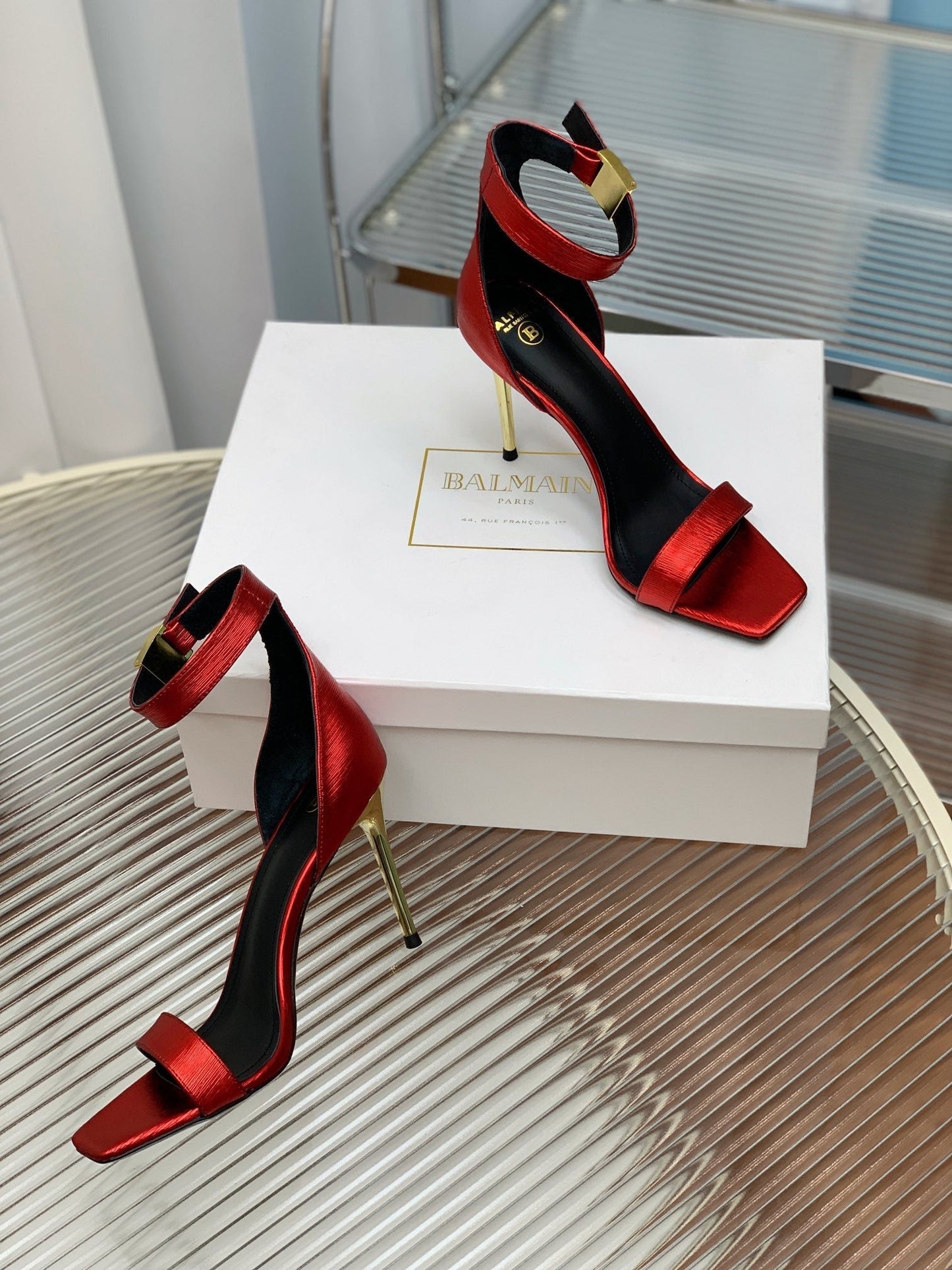 BALMAIN 25S METAL BUCKLE HIGH HEELS 95MM IN CHERRY RED CALFSKIN - 35