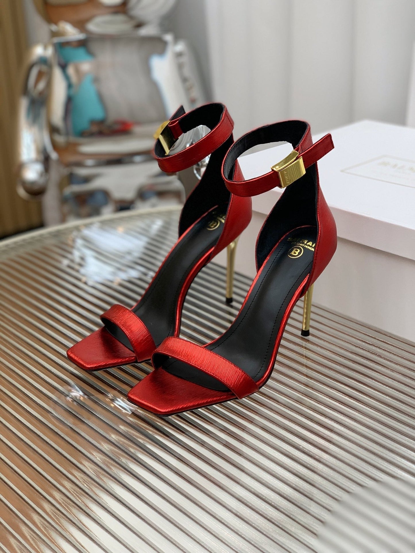 BALMAIN 25S METAL BUCKLE HIGH HEELS 95MM IN CHERRY RED CALFSKIN - 35