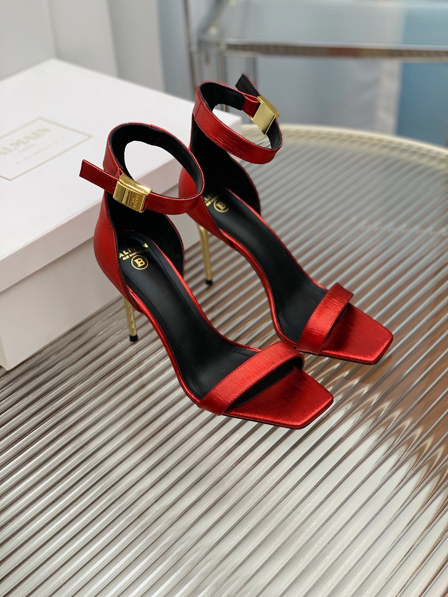 BALMAIN 25S METAL BUCKLE HIGH HEELS 95MM IN CHERRY RED CALFSKIN - 35