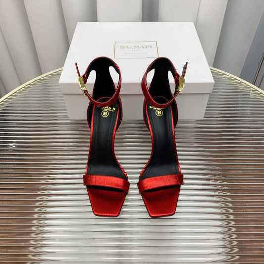 BALMAIN 25S METAL BUCKLE HIGH HEELS 95MM IN CHERRY RED CALFSKIN - 35