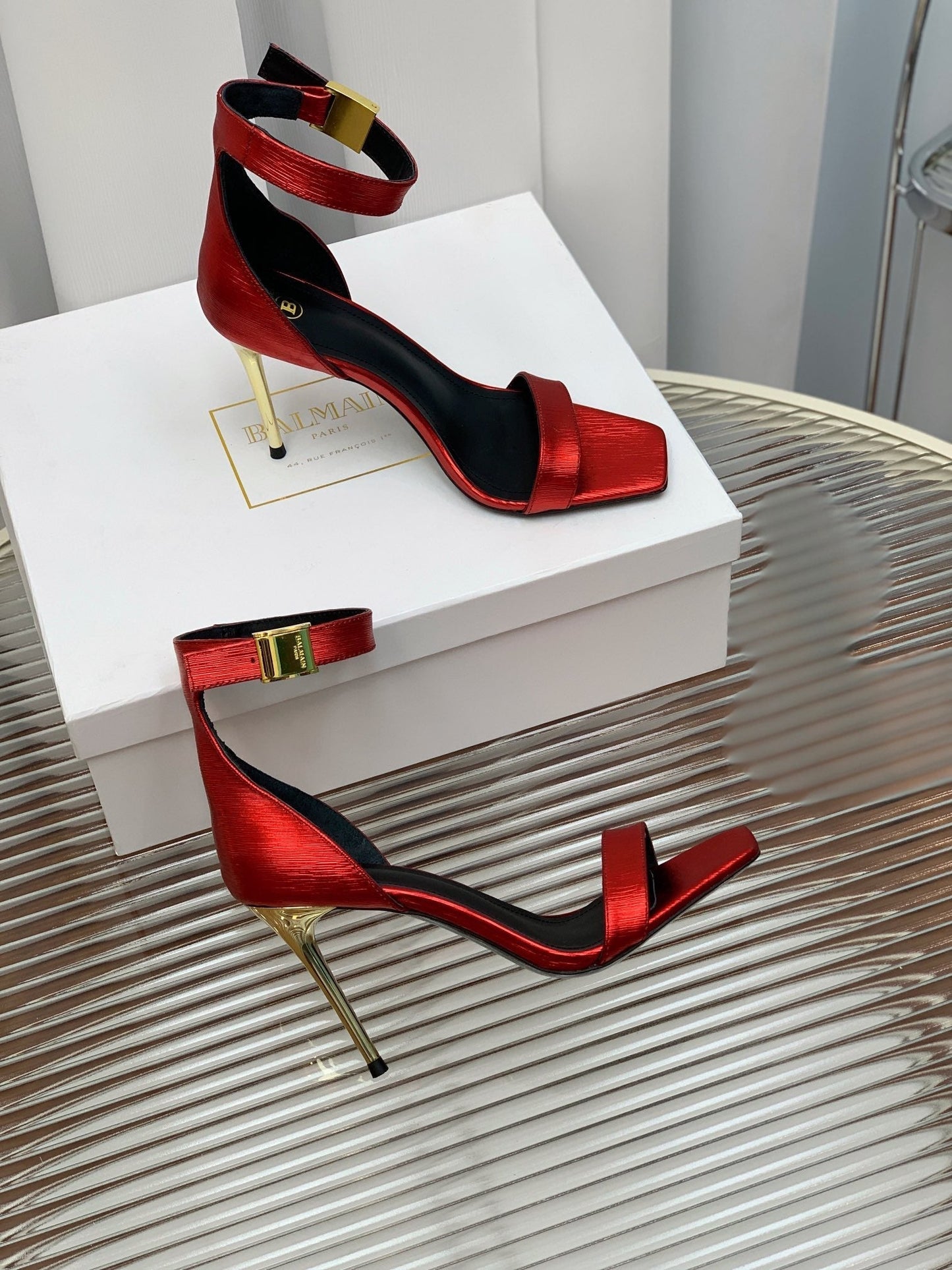 BALMAIN 25S METAL BUCKLE HIGH HEELS 95MM IN CHERRY RED CALFSKIN - 35