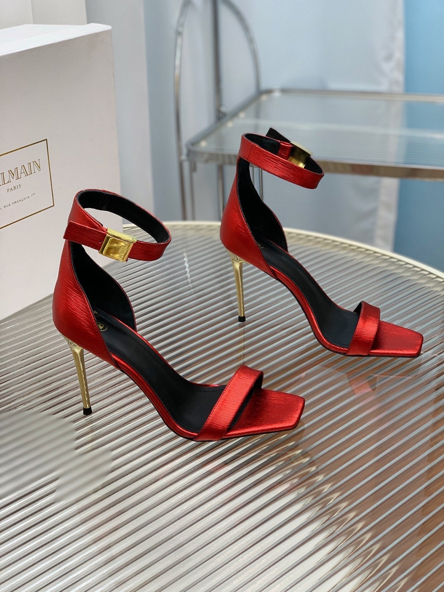 BALMAIN 25S METAL BUCKLE HIGH HEELS 95MM IN CHERRY RED CALFSKIN - 35