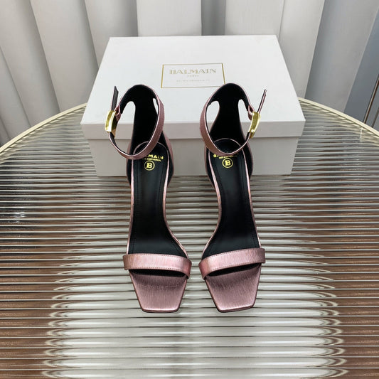 BALMAIN 25S METAL BUCKLE HIGH HEELS 95MM IN IRIDESCENT PURPLE CALFSKIN - 35