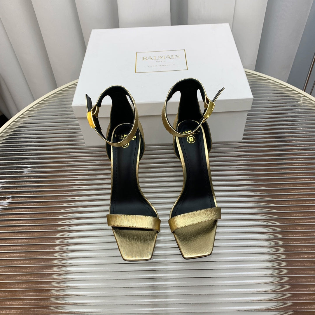 BALMAIN 25S METAL BUCKLE HIGH HEELS 95MM IN GOLD CALFSKIN - 35