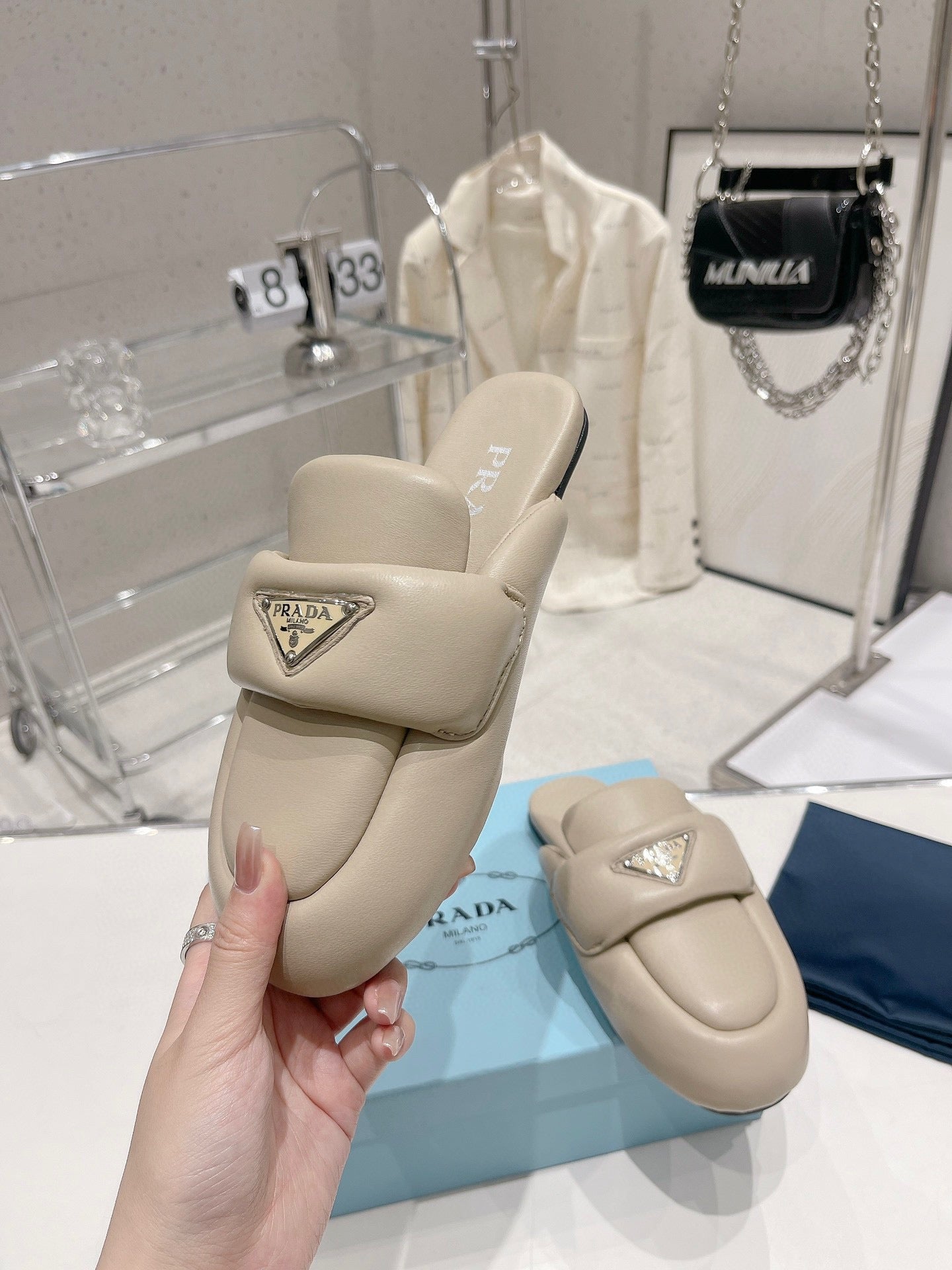 PRA SOFT PADDED NAPPA SHEARLING MULES BEIGE LAMBSKIN - 35