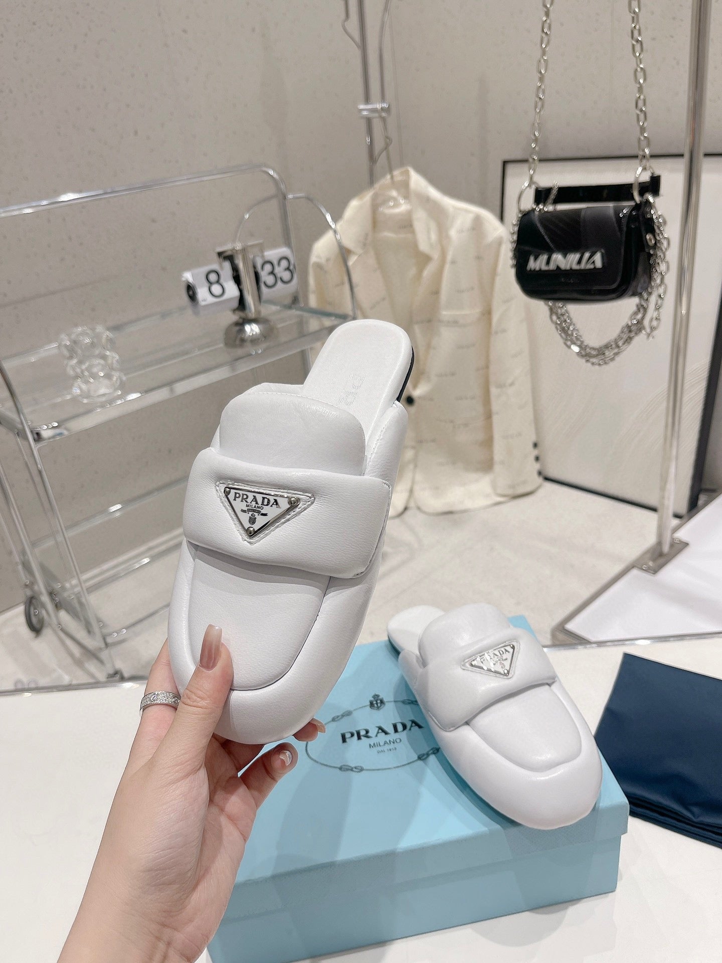 PRA SOFT PADDED NAPPA SHEARLING MULES WHITE LAMBSKIN - 35