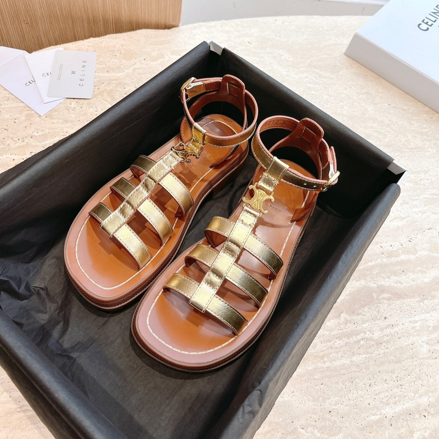 LYMPIA GLADIATOR SANDAL IN GOLD METALLIC CALFSKIN - 35