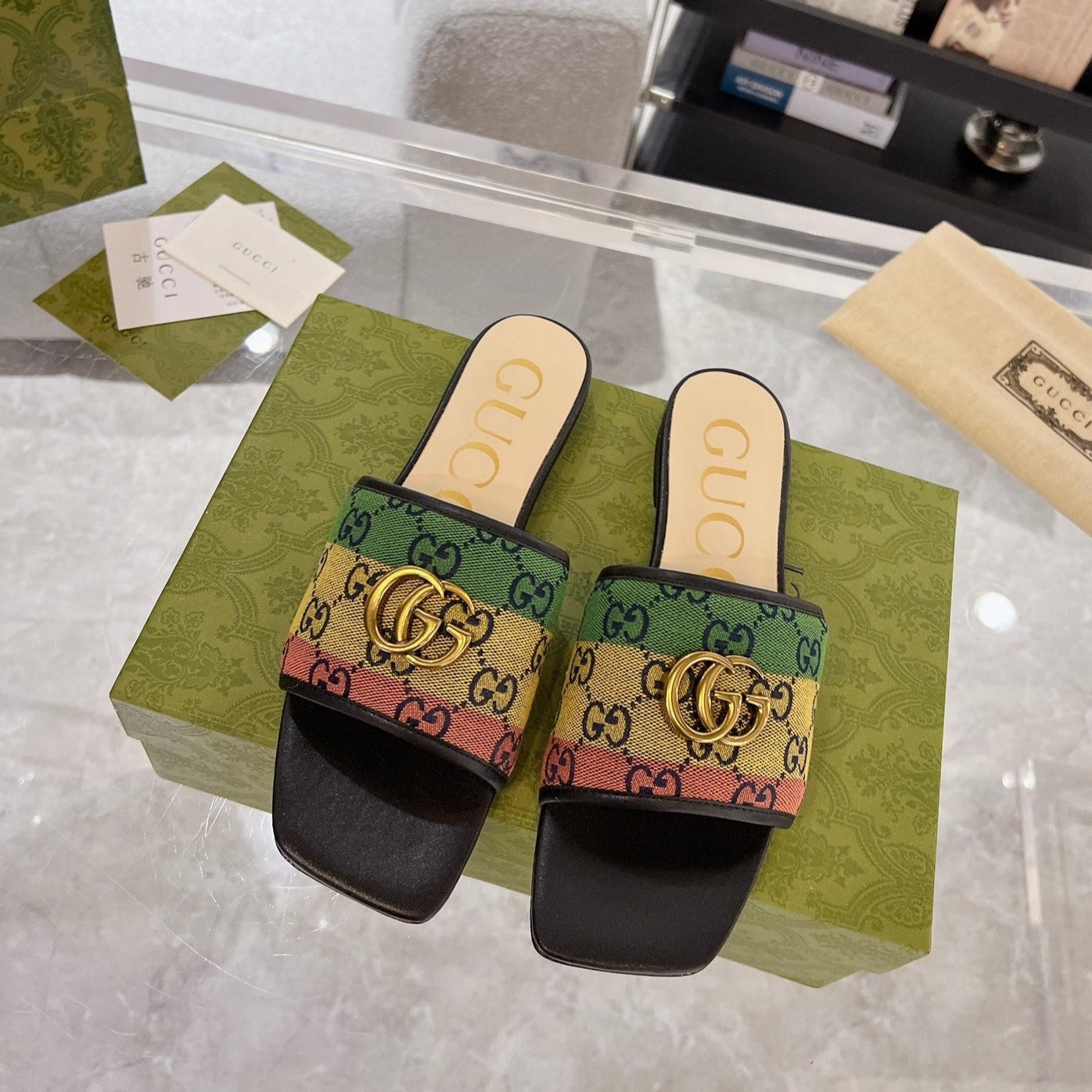 GG EXCLUSIVE SLIDE SANDAL BLACK AND CREAM FABRIC - 35