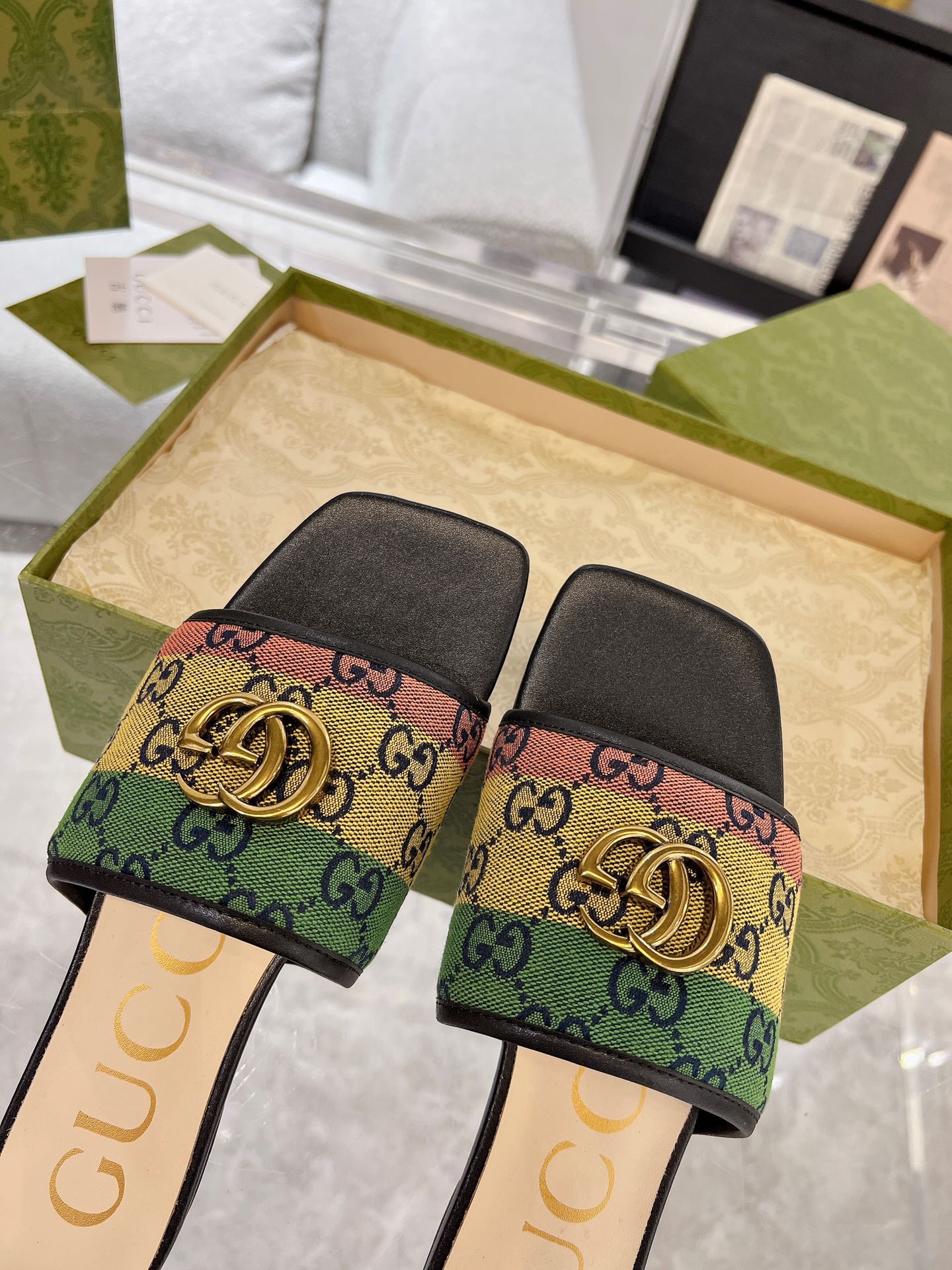 GG EXCLUSIVE SLIDE SANDAL BLACK AND CREAM FABRIC - 35