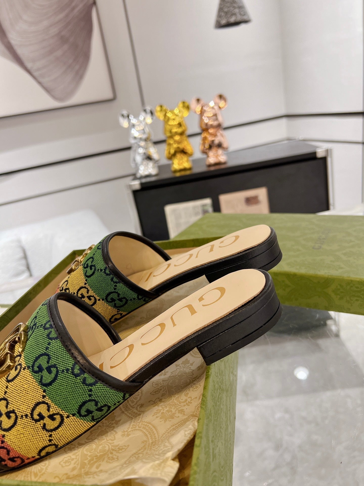 GG EXCLUSIVE SLIDE SANDAL BLACK AND CREAM FABRIC - 35