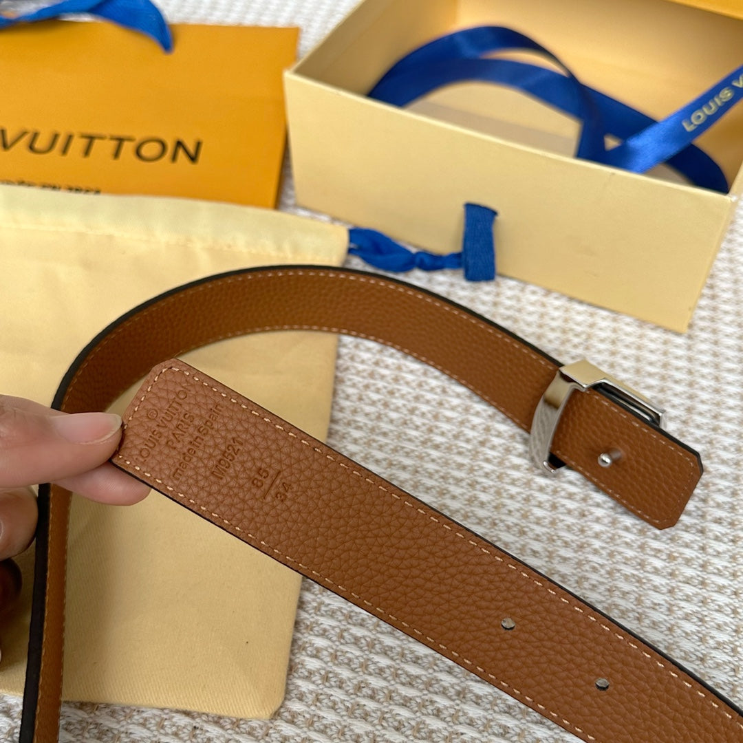 LV Initiales 30mm Reversible Belt Silver Buckle Tan Black Leather - 30