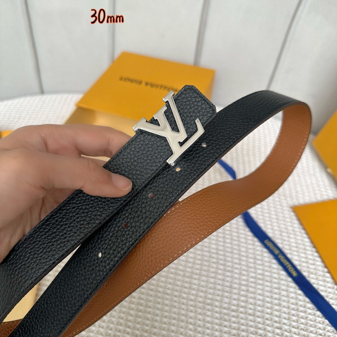 LV Initiales 30mm Reversible Belt Silver Buckle Tan Black Leather - 30