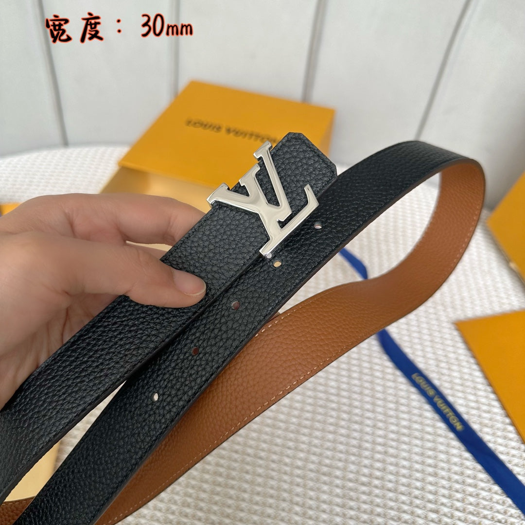 LV 30 MM BELTS IN BLACK AND BRONZE BROWN CALFSKIN SILVER HARDWARE - 30