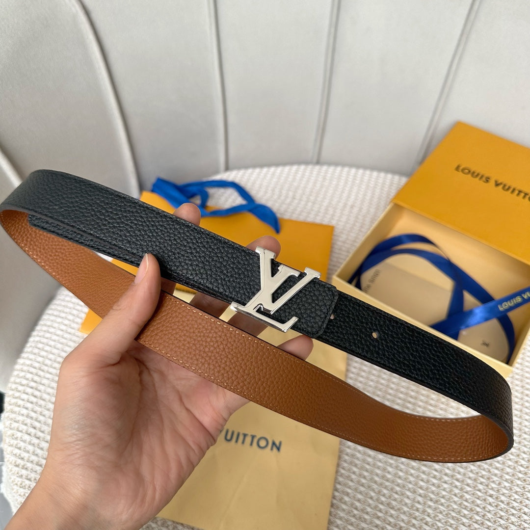 LV Initiales 30mm Reversible Belt Silver Buckle Tan Black Leather - 30