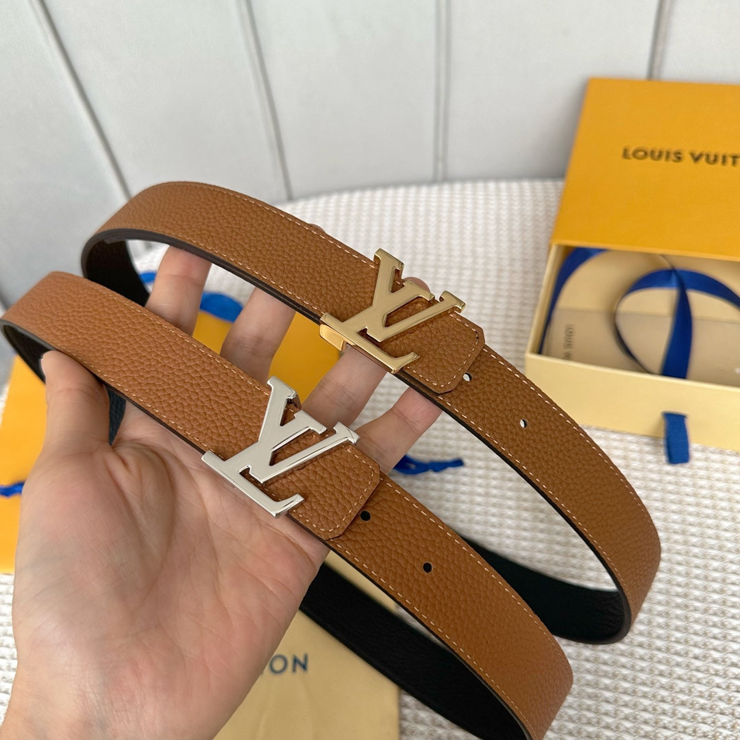 LV 30 MM BELTS IN BLACK AND BRONZE BROWN CALFSKIN SILVER HARDWARE - 30
