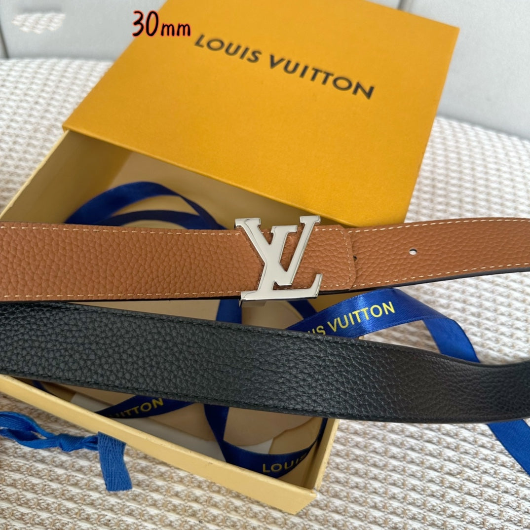LV Initiales 30mm Reversible Belt Silver Buckle Tan Black Leather - 30