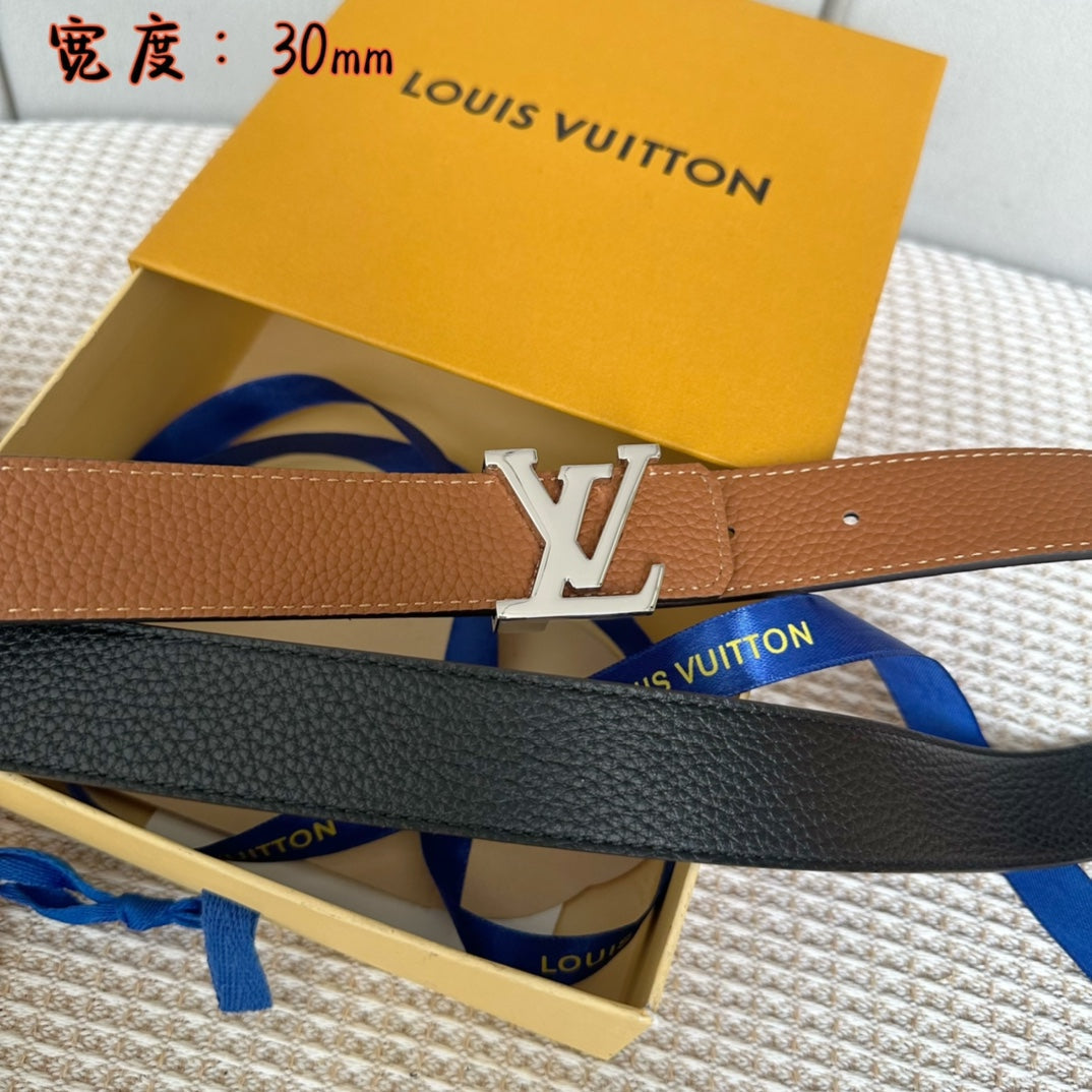 LV 30 MM BELTS IN BLACK AND BRONZE BROWN CALFSKIN SILVER HARDWARE - 30
