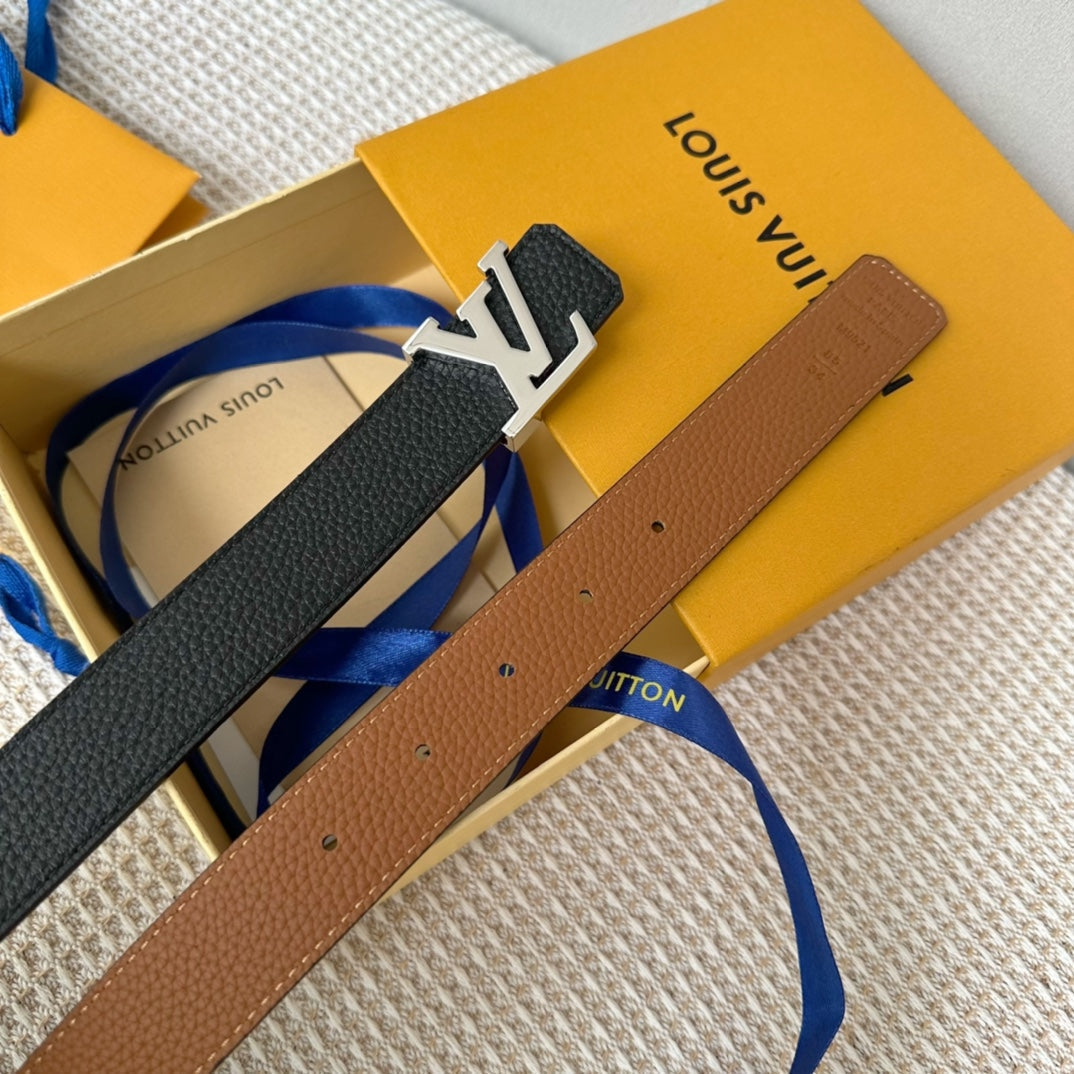 LV Initiales 30mm Reversible Belt Silver Buckle Tan Black Leather - 30