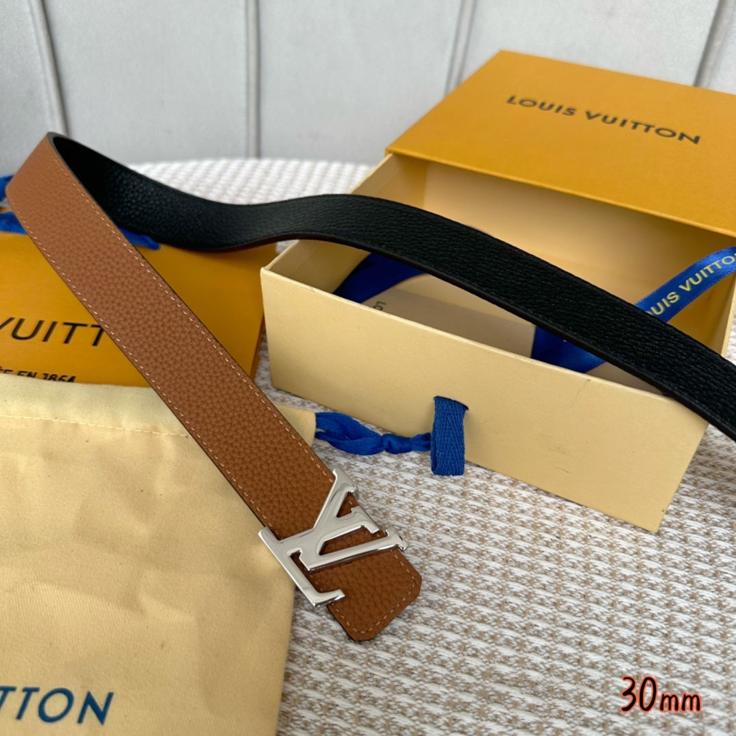 LV Initiales 30mm Reversible Belt Silver Buckle Tan Black Leather - 30