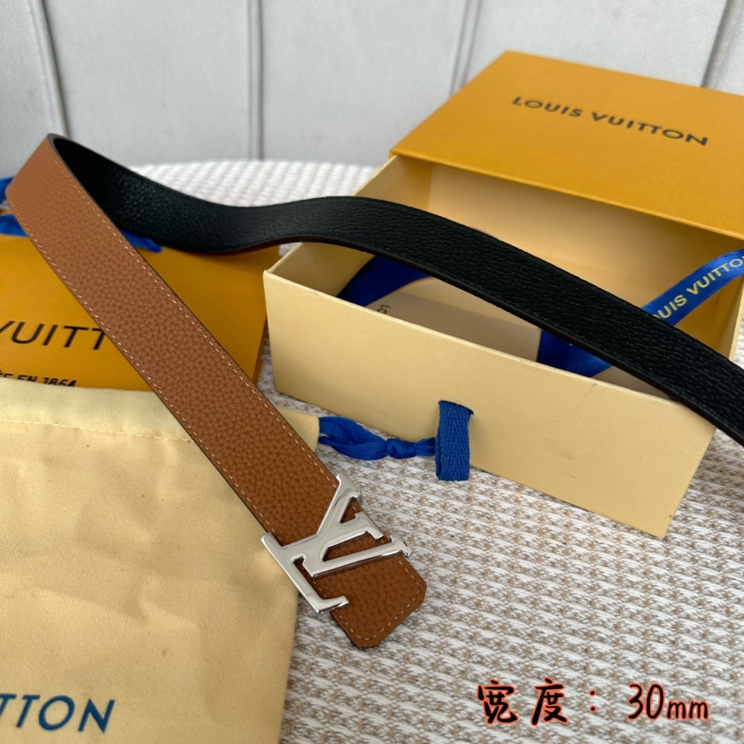 LV 30 MM BELTS IN BLACK AND BRONZE BROWN CALFSKIN SILVER HARDWARE - 30