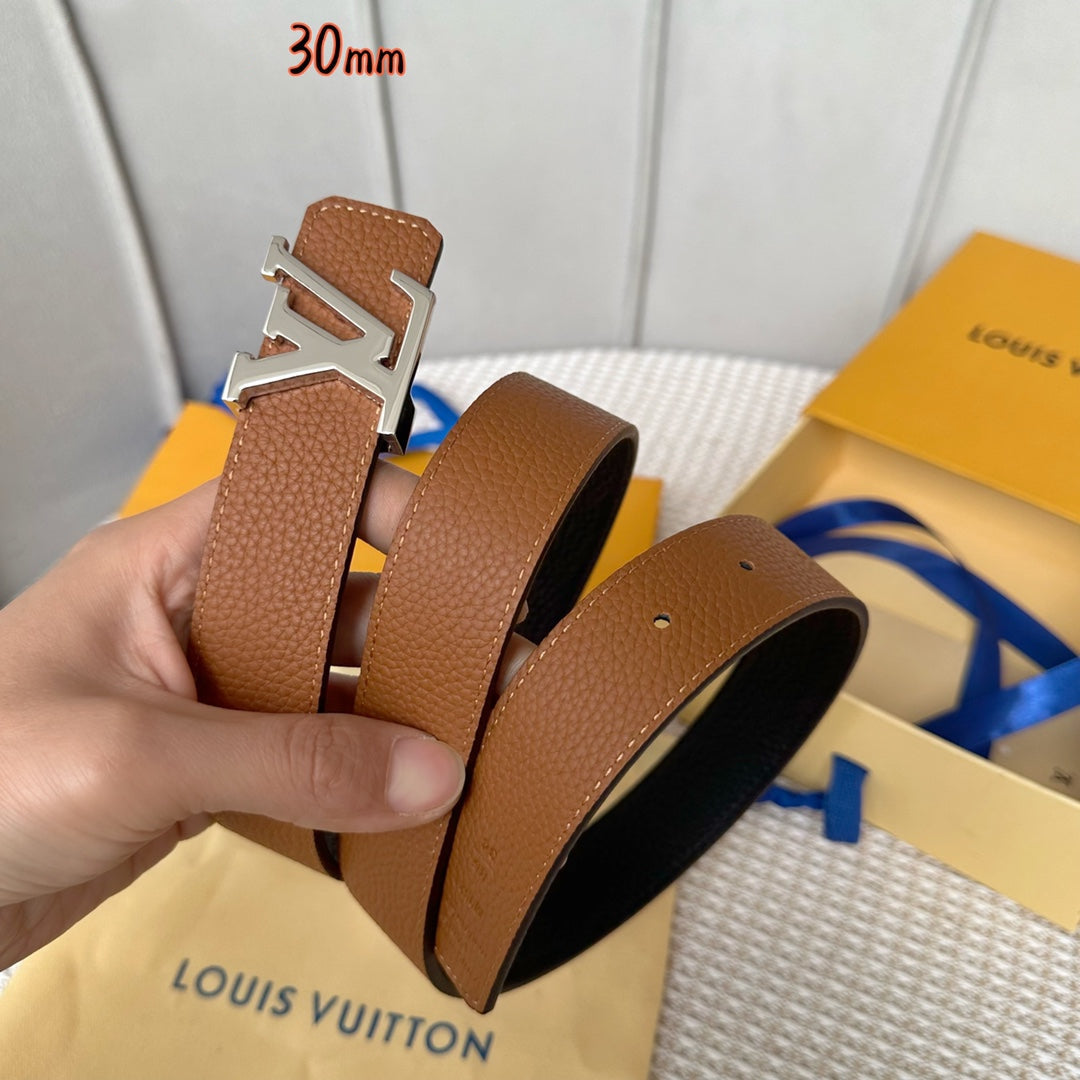 LV Initiales 30mm Reversible Belt Silver Buckle Tan Black Leather - 30
