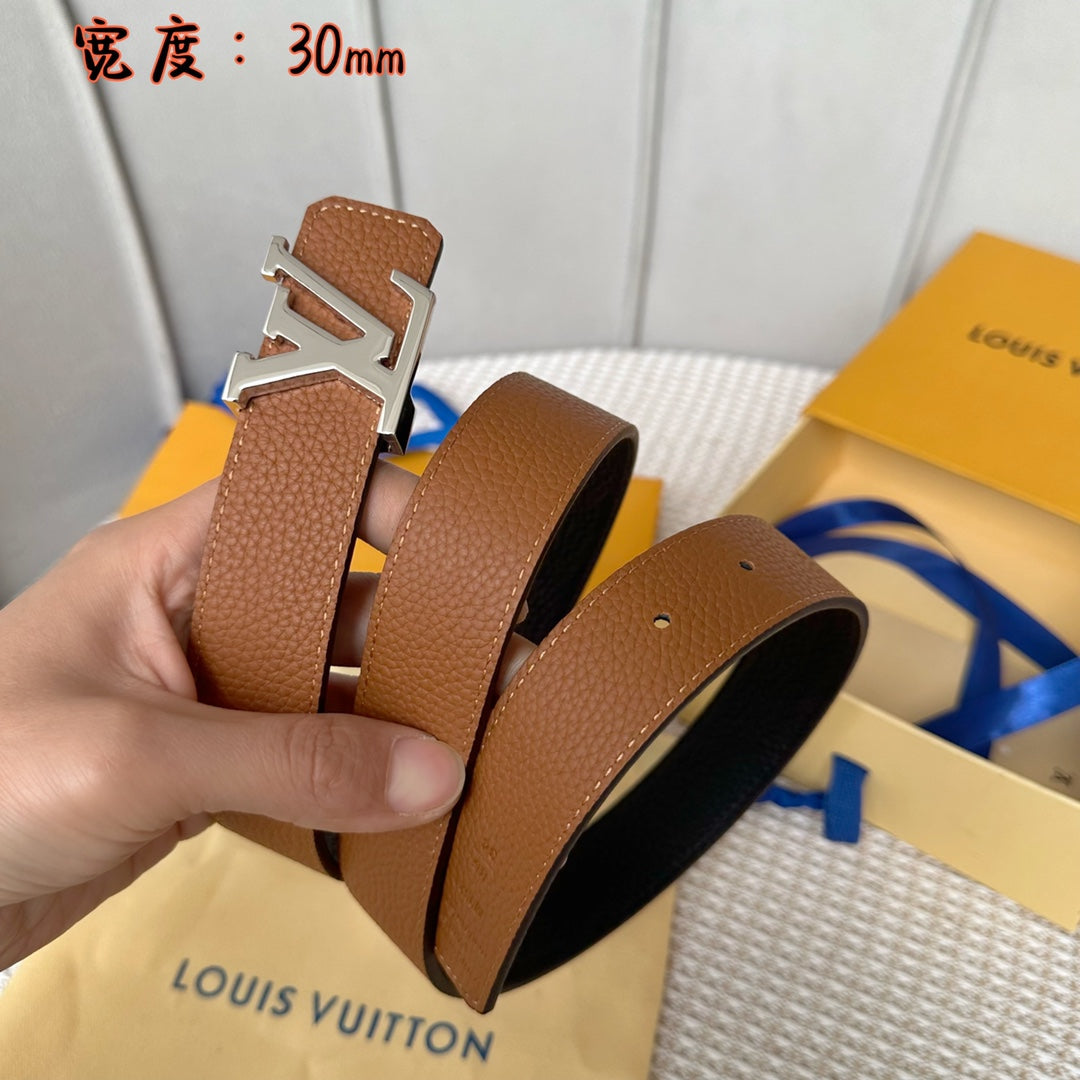 LV 30 MM BELTS IN BLACK AND BRONZE BROWN CALFSKIN SILVER HARDWARE - 30