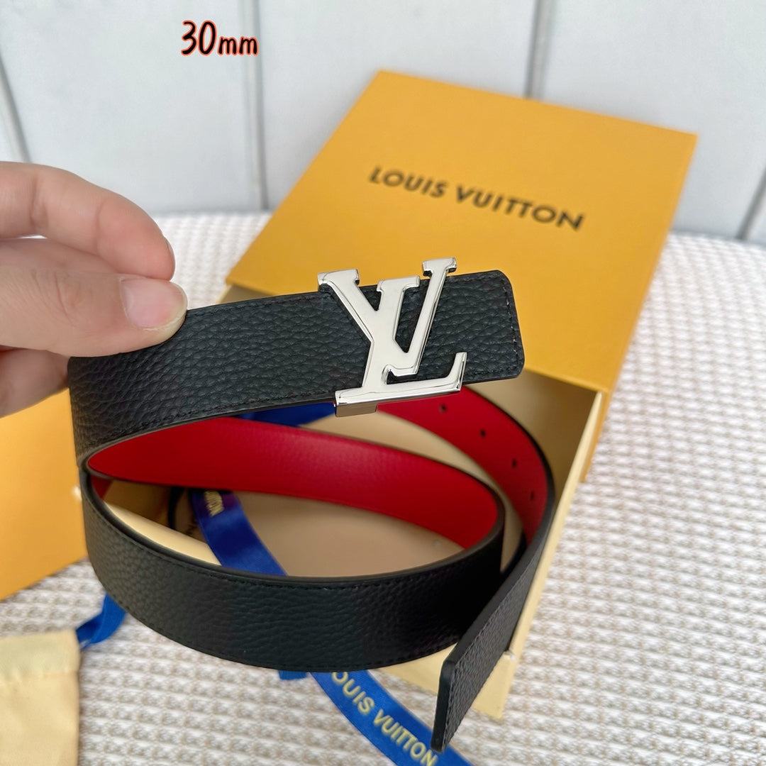 LV Initiales 30mm Reversible Belt Silver Buckle Red Black Leather - 30