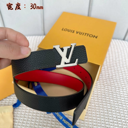 LV 30 MM BELTS IN BLACK AND CHERRY RED CALFSKIN SILVER HARDWARE - 30