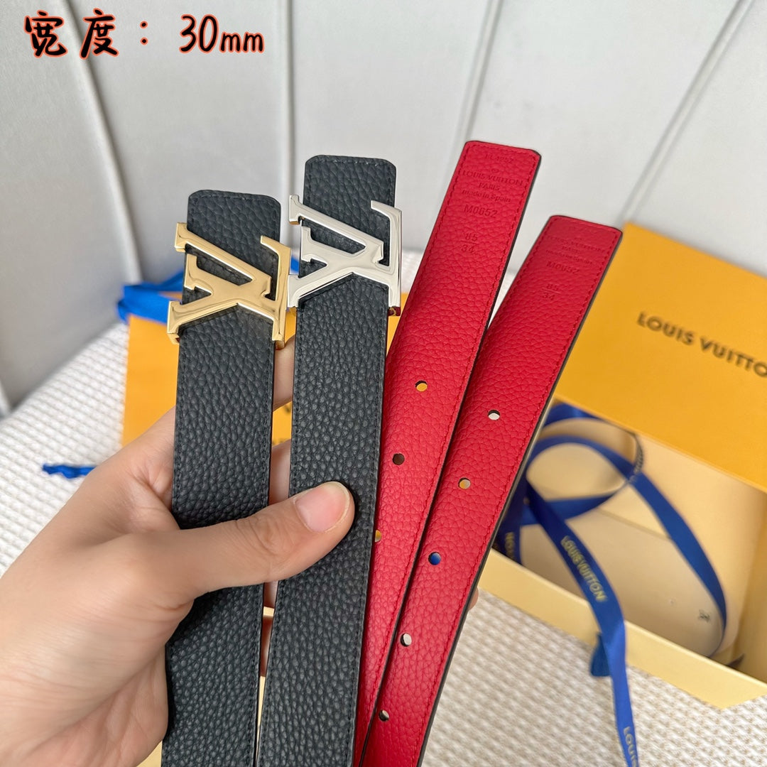 LV 30 MM BELTS IN BLACK AND CHERRY RED CALFSKIN SILVER HARDWARE - 30