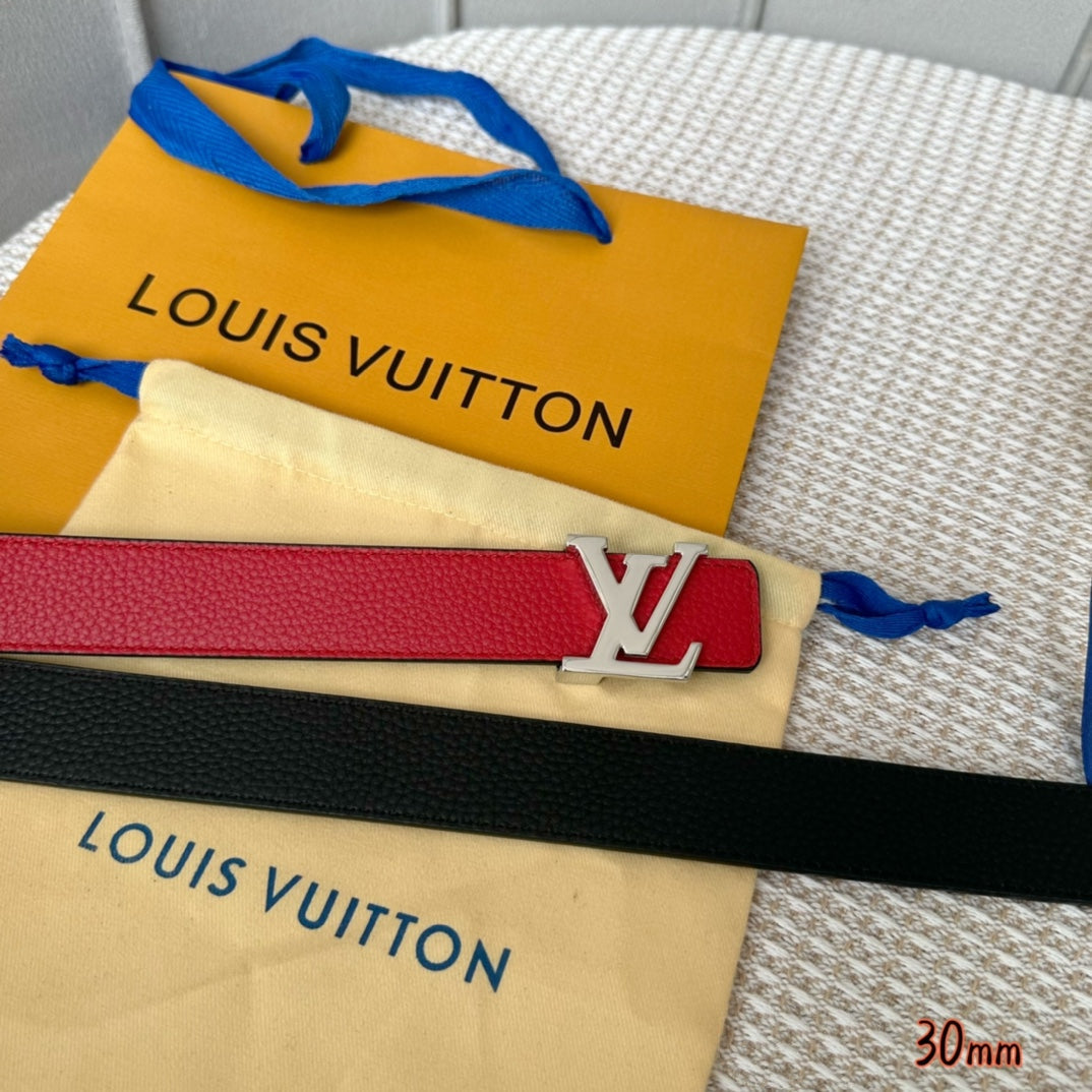 LV Initiales 30mm Reversible Belt Silver Buckle Red Black Leather - 30