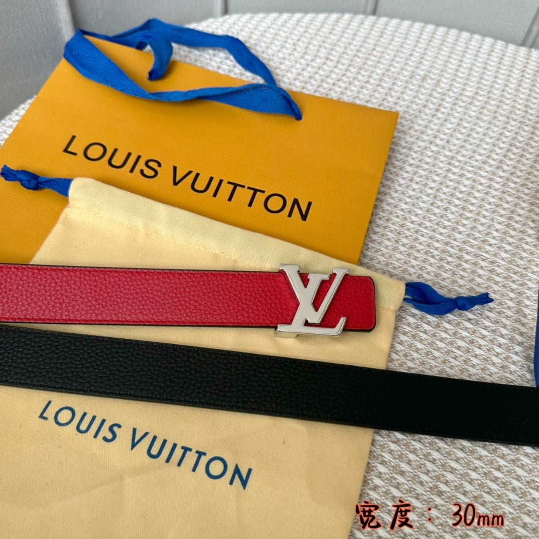 LV 30 MM BELTS IN BLACK AND CHERRY RED CALFSKIN SILVER HARDWARE - 30