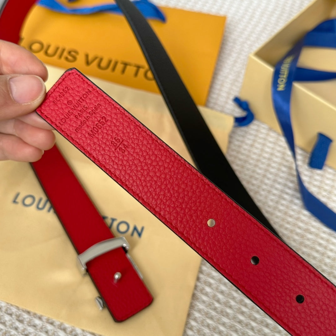 LV Initiales 30mm Reversible Belt Silver Buckle Red Black Leather - 30