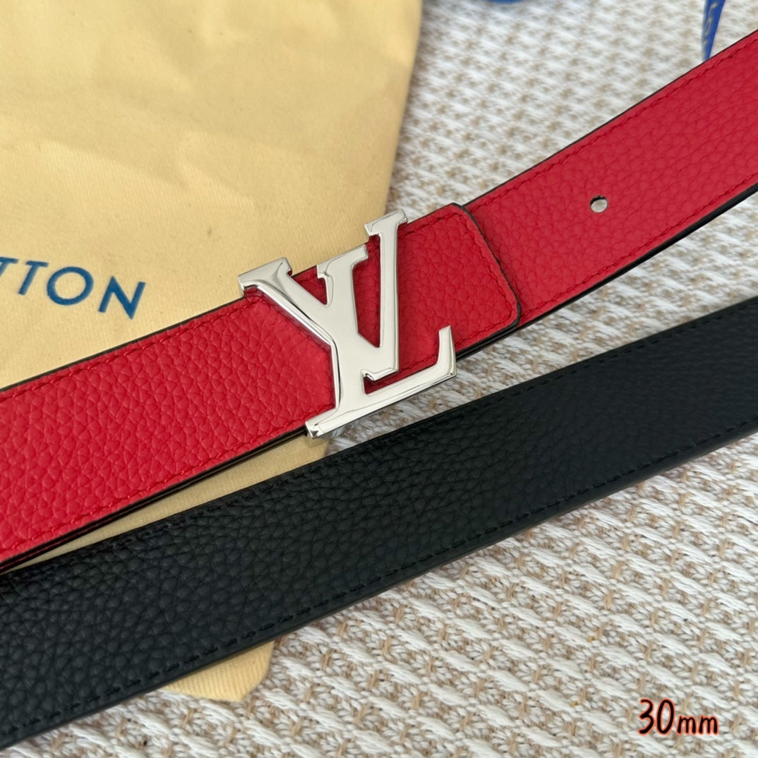 LV Initiales 30mm Reversible Belt Silver Buckle Red Black Leather - 30