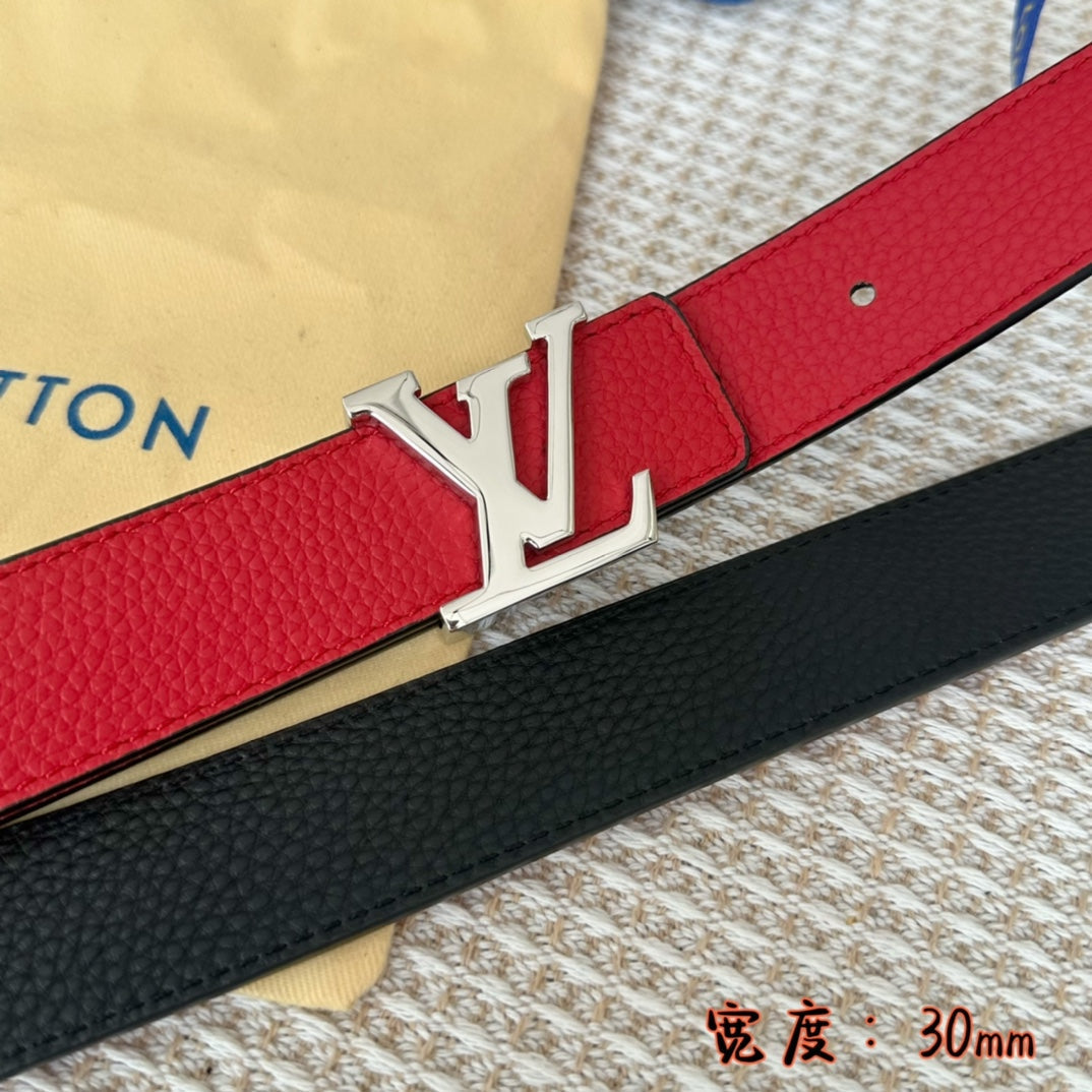 LV 30 MM BELTS IN BLACK AND CHERRY RED CALFSKIN SILVER HARDWARE - 30
