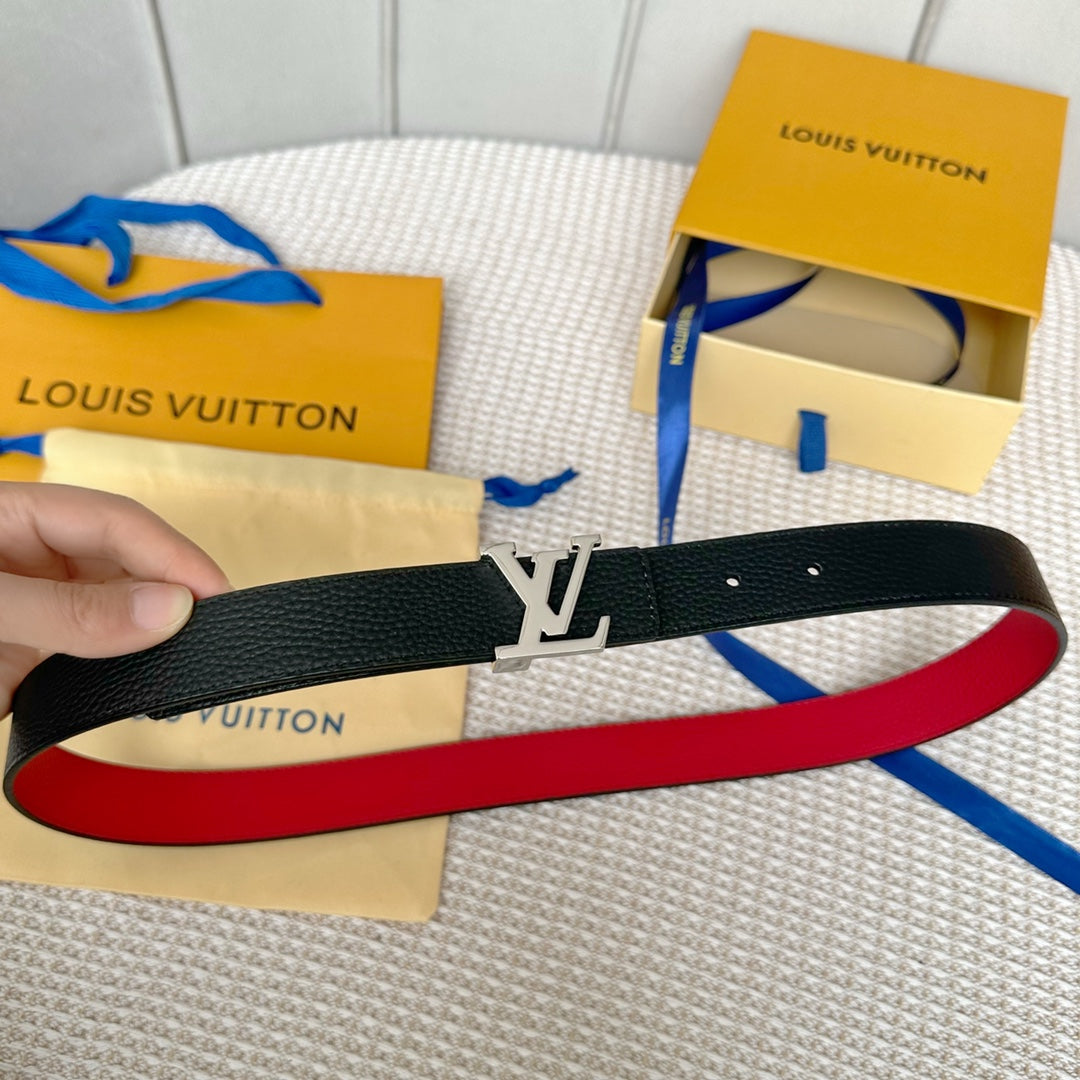 LV Initiales 30mm Reversible Belt Silver Buckle Red Black Leather - 30