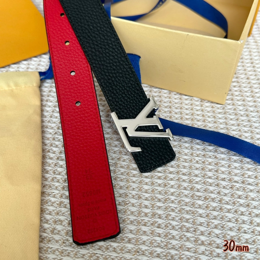 LV Initiales 30mm Reversible Belt Silver Buckle Red Black Leather - 30