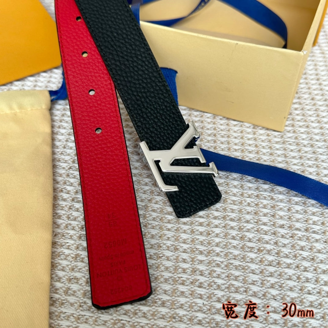 LV 30 MM BELTS IN BLACK AND CHERRY RED CALFSKIN SILVER HARDWARE - 30