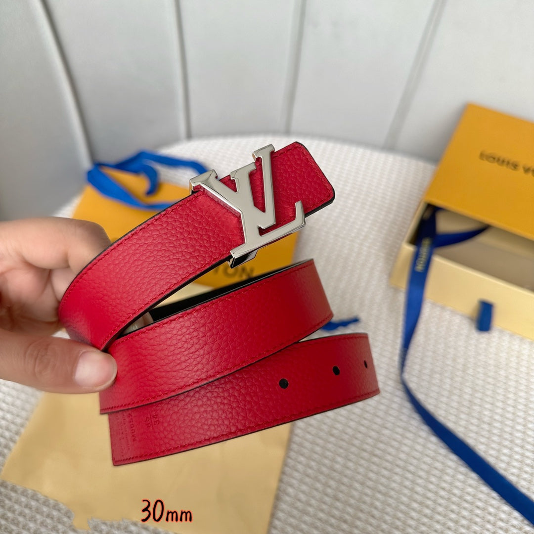 LV Initiales 30mm Reversible Belt Silver Buckle Red Black Leather - 30
