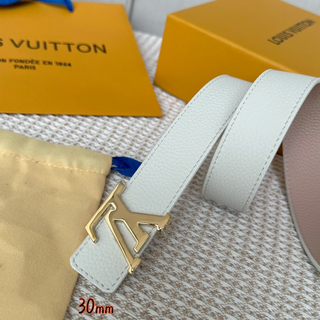 LV Initiales 30mm Reversible Belt Gold Buckle Pink White Leather - 30