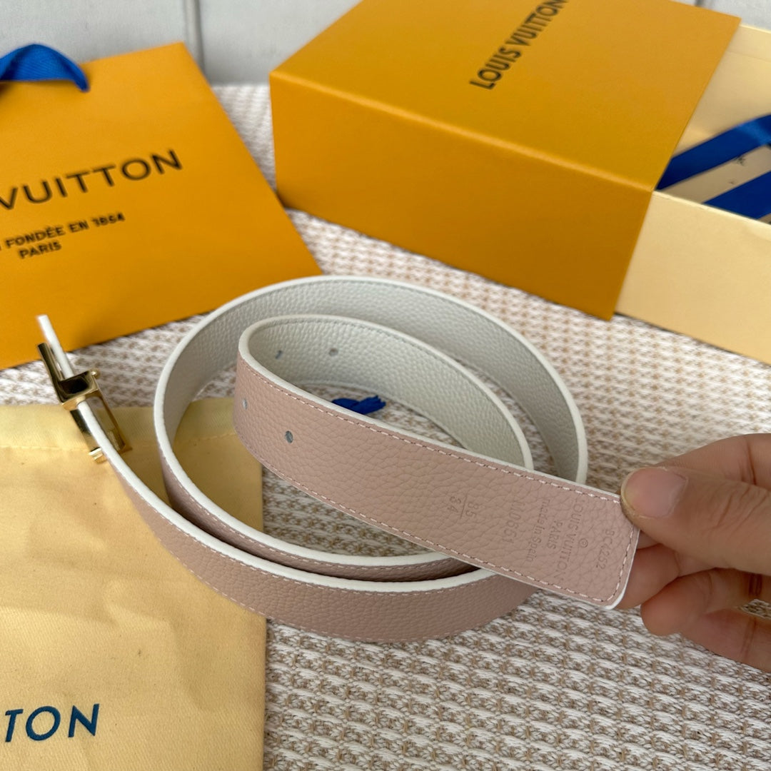 LV Initiales 30mm Reversible Belt Gold Buckle Pink White Leather - 30