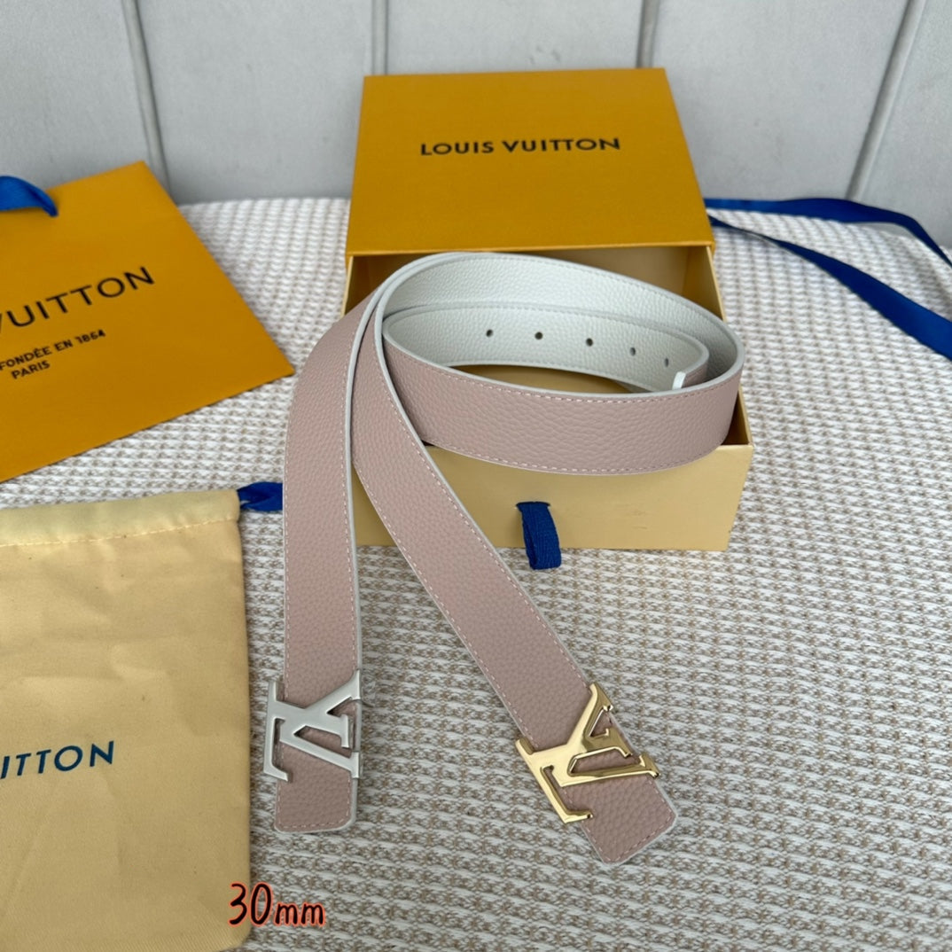 LV Initiales 30mm Reversible Belt Gold Buckle Pink White Leather - 30
