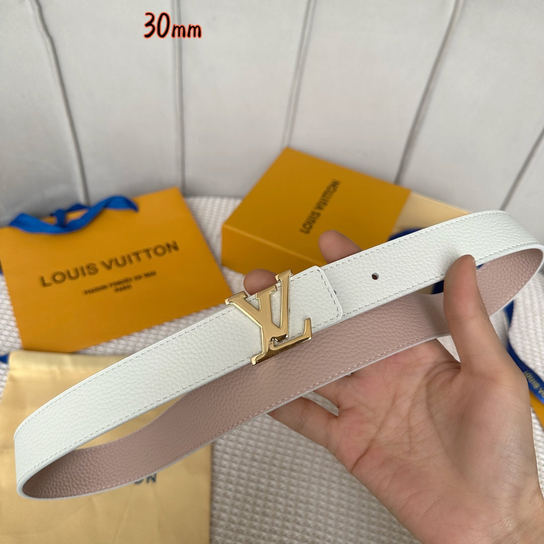 LV Initiales 30mm Reversible Belt Gold Buckle Pink White Leather - 30