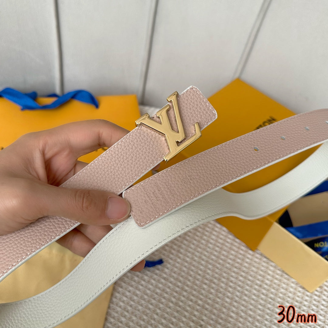 LV Initiales 30mm Reversible Belt Gold Buckle Pink White Leather - 30