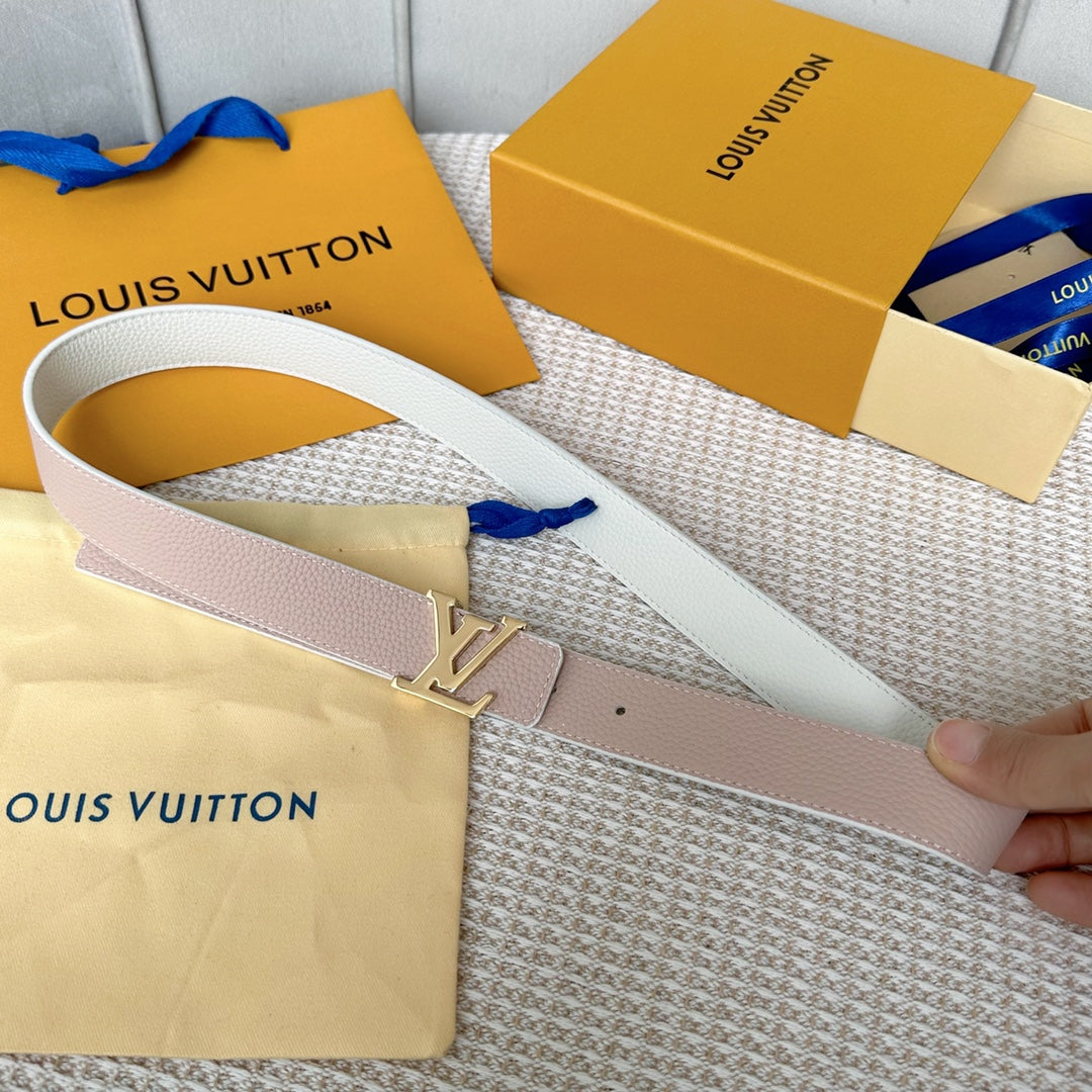 LV 30 MM BELTS IN WHITE AND PINK PASTEL CALFSKIN GOLD HARDWARE - 30