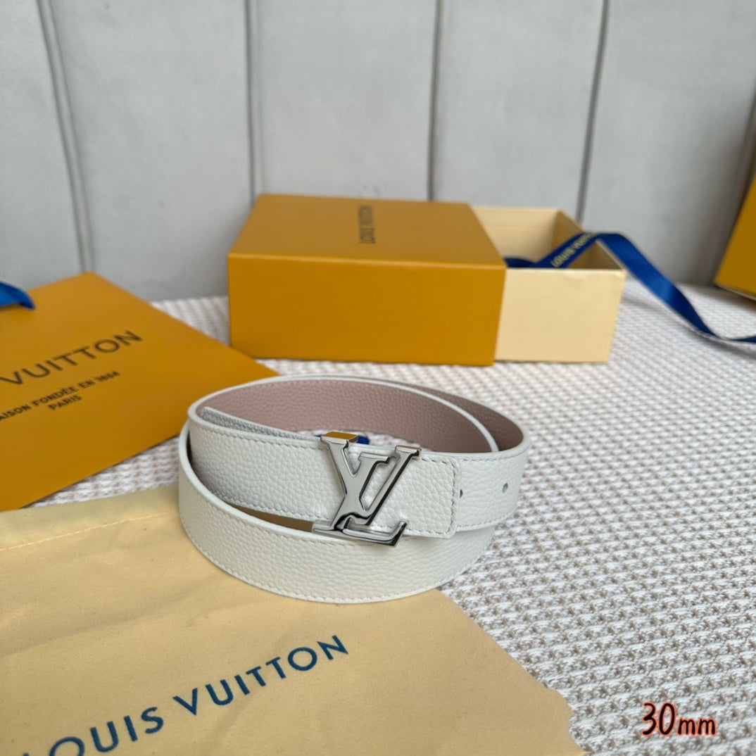 LV Initiales 30mm Reversible Belt Silver Buckle Pink White Leather - 30