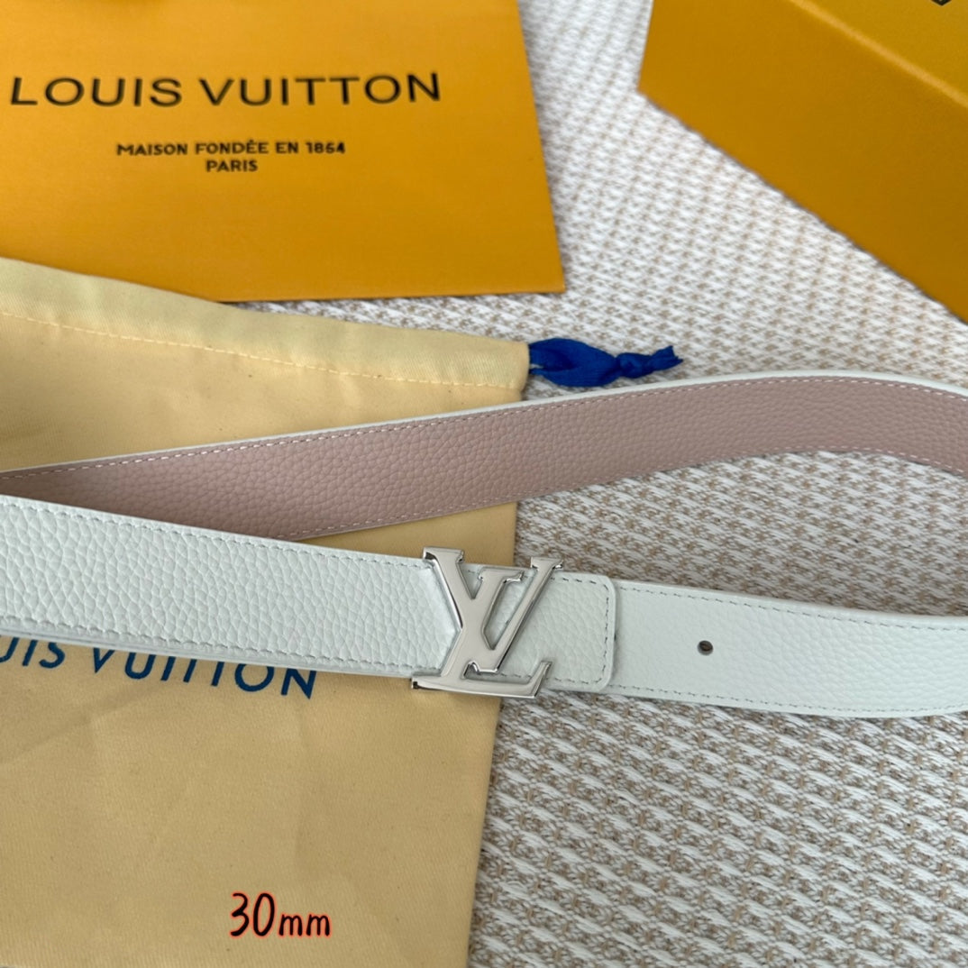 LV Initiales 30mm Reversible Belt Silver Buckle Pink White Leather - 30