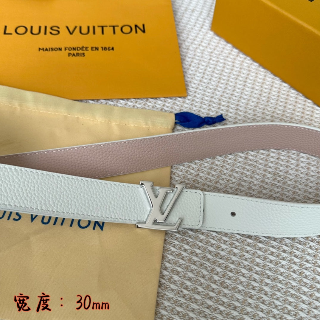 LV 30 MM BELTS IN WHITE AND PINK PASTEL CALFSKIN SILVER HARDWARE - 30
