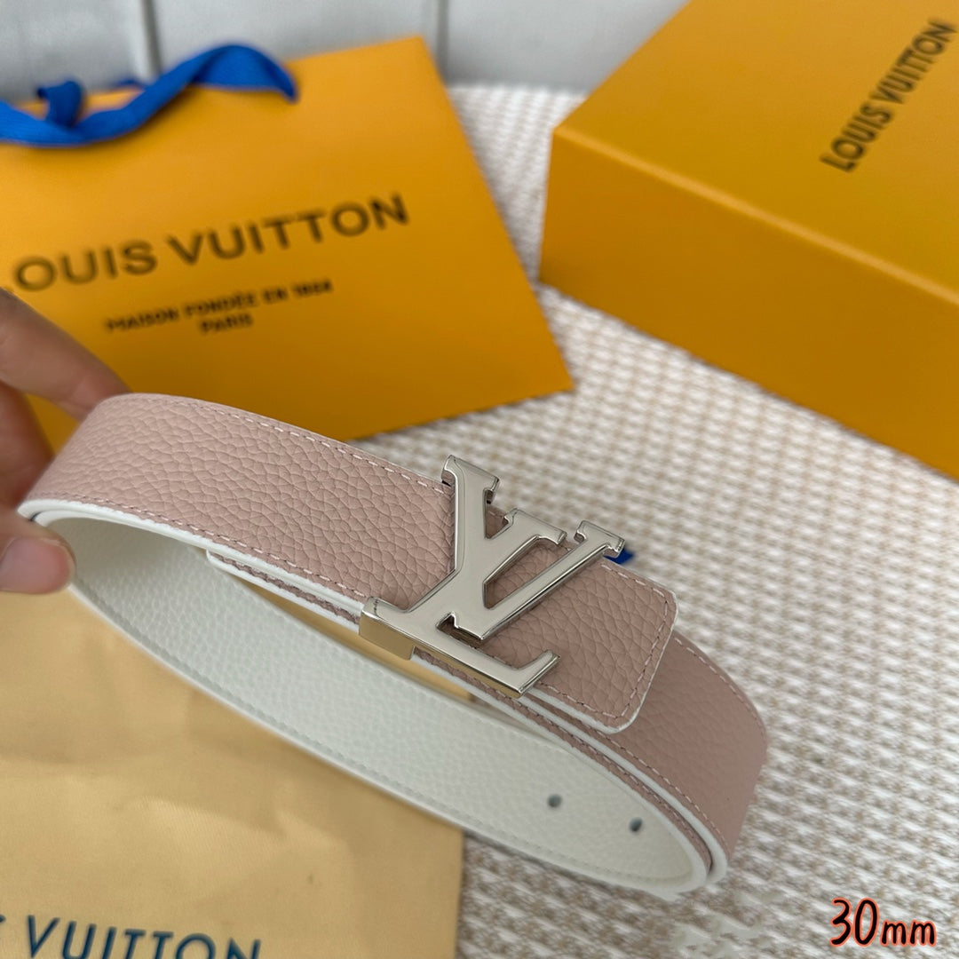 LV Initiales 30mm Reversible Belt Silver Buckle Pink White Leather - 30