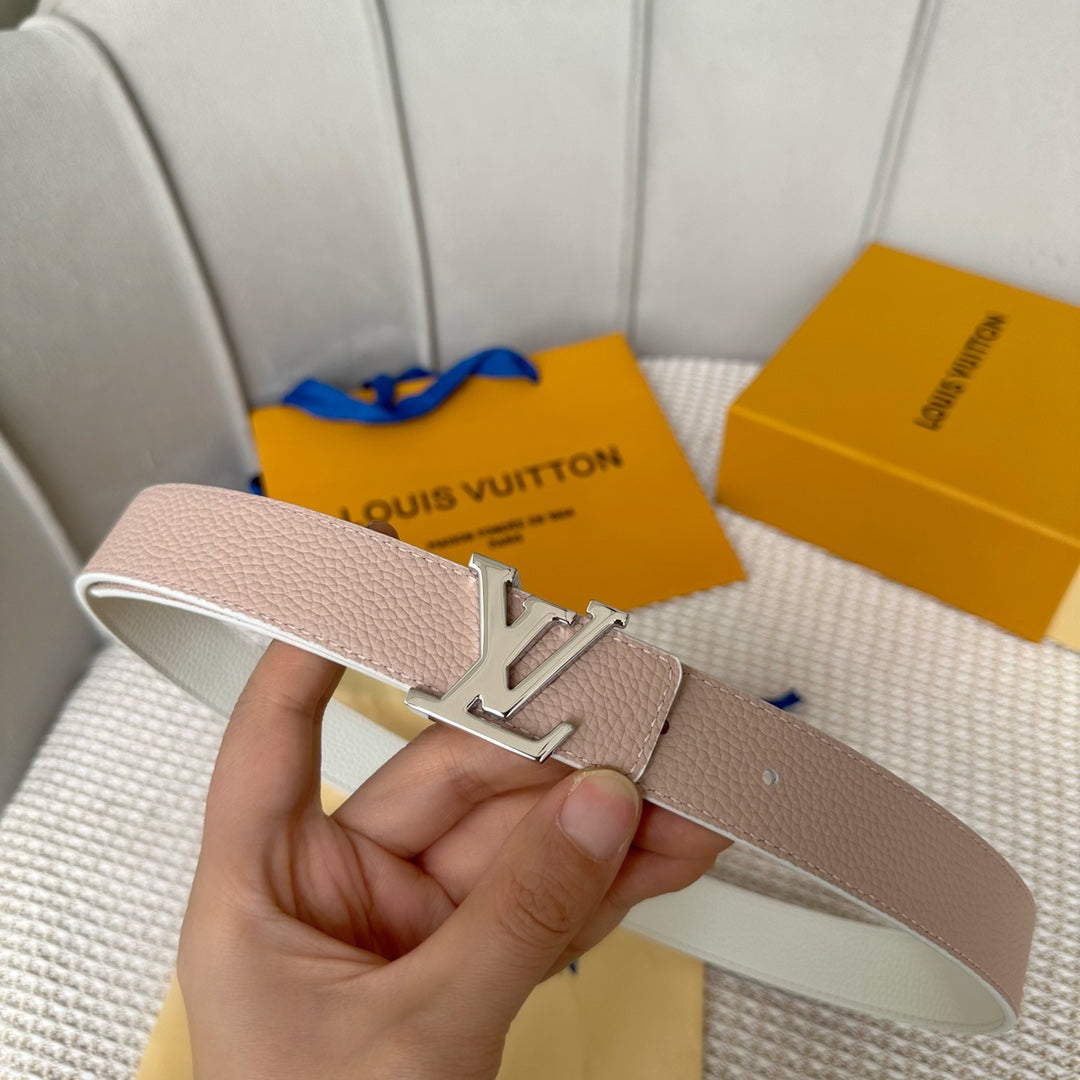 LV Initiales 30mm Reversible Belt Silver Buckle Pink White Leather - 30